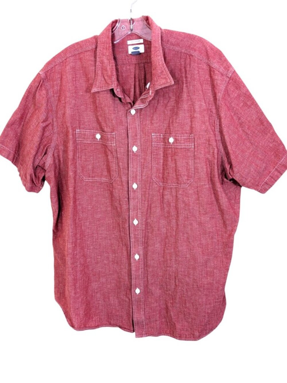 Old Navy Slim Fit Button Down Shirt Men XXL Red Chambray Pockets Boho Coastal